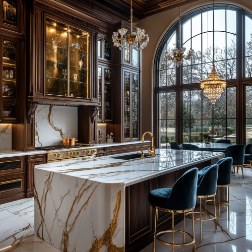 Luxurious mansion kitchen with marble island and elegance