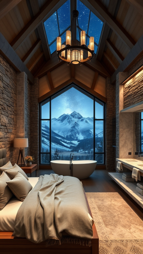 Luxurious mountain lodge bedroom with rustic design.