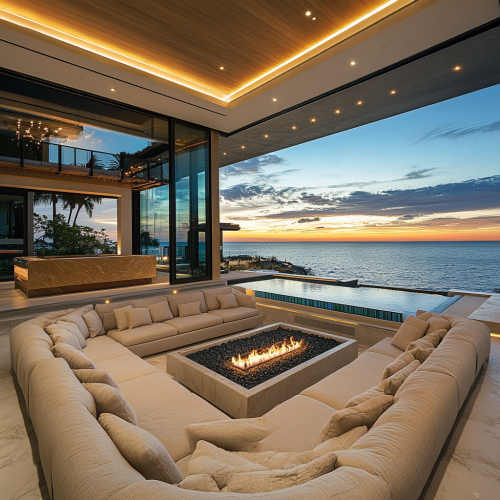 Luxurious ocean-view entertainment room in modern mansion