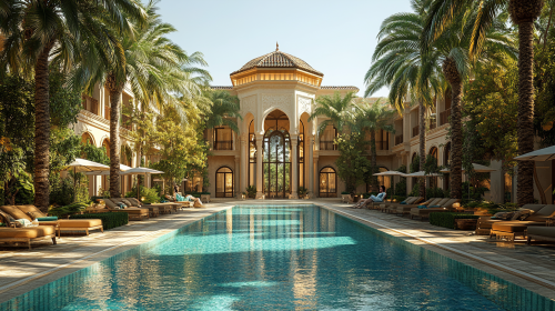 Luxurious pool scene with warm golds and cool blues.