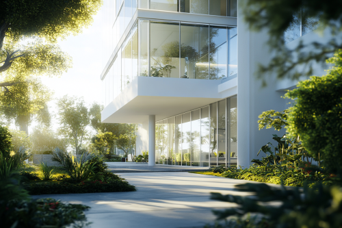 Luxury Apartment Building with Greenery and Balconies
