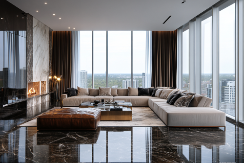 Luxury living room with dark marble, velvet sofas