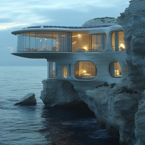 Luxury mansion hanging from cliff near ocean.