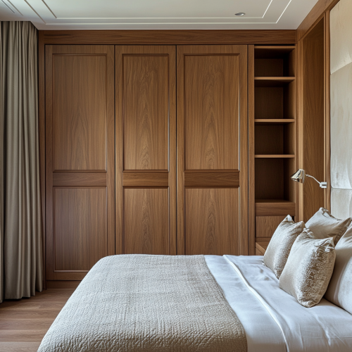 Luxury modern bedroom in townhouse with wardrobe and shelf