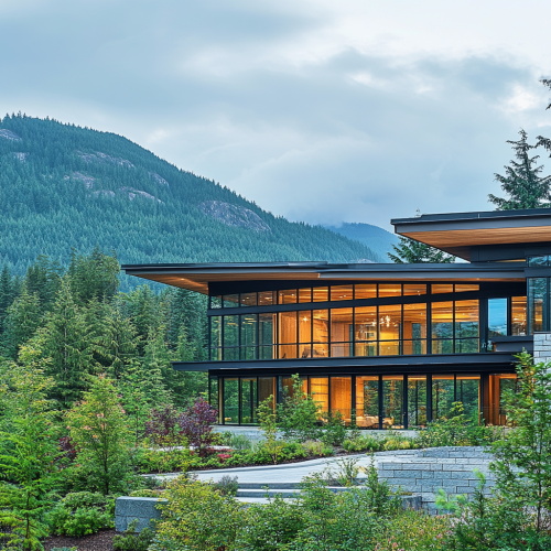 Luxury modern building in North Vancouver with lush forests