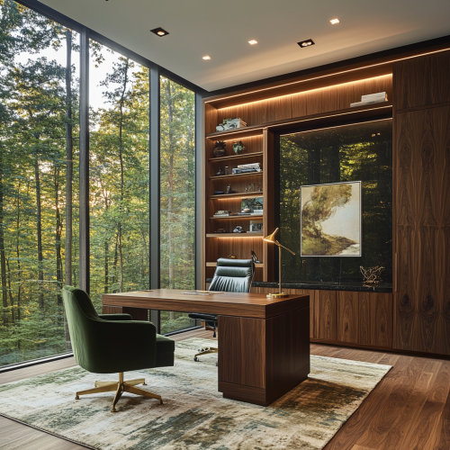 Luxury private office with forest view and modern decor