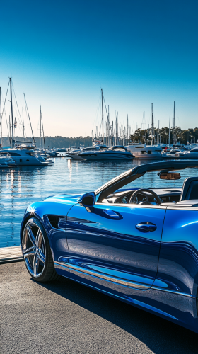 Luxury sports car at marina with yachts, sailboats.