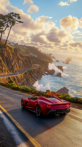 Luxury sports car on coastal highway by cliffs.