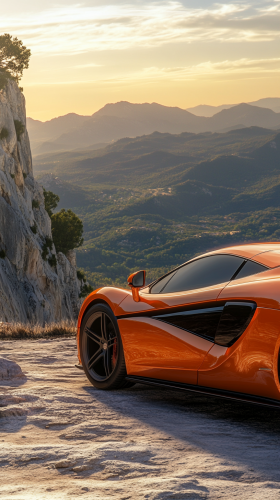 Luxury sports car on mountain overlook, vibrant orange.