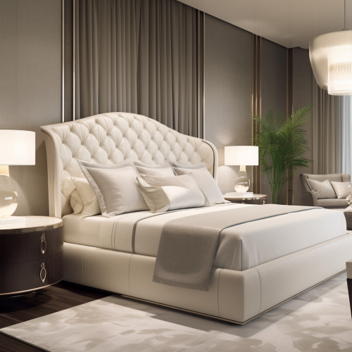 Luxury white bed with oversized headboard and modern design