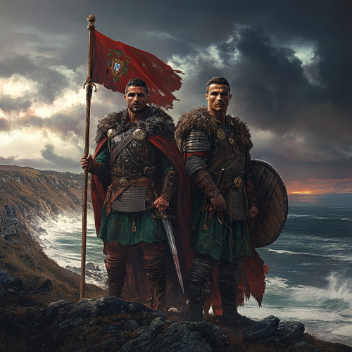 Luís Figo and Cristiano Ronaldo as Viking warriors.