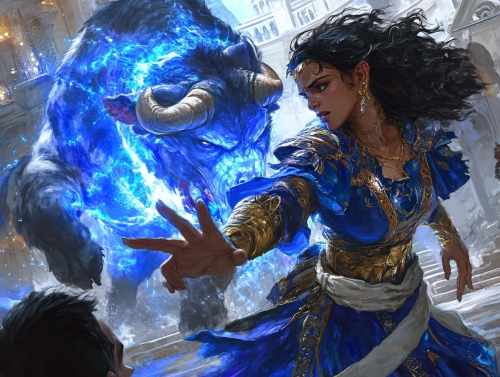 Mage Banishing Minotaur with Spell near Castle.