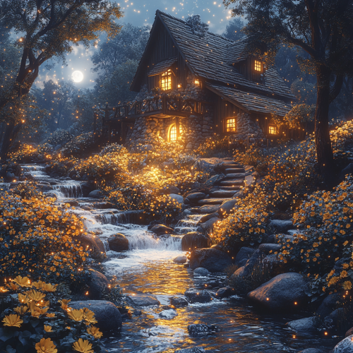 Magic Night at Old Mill with Moonlight