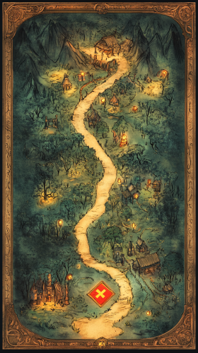 Magical Disney-style Quest Map with Obstacles and Landmarks Magical Disney-style Quest Map with Obstacles and Landmarks