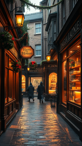 Magical alleyway with shops and festive decorations.