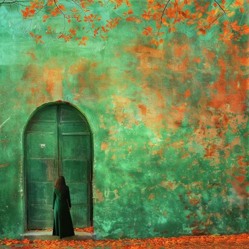 Magical door from summer to fall in nature