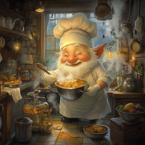 Magical kitchen with gnome chef cooking stew