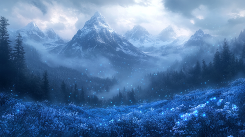 Magical mountains with blue plants and fireflies glow