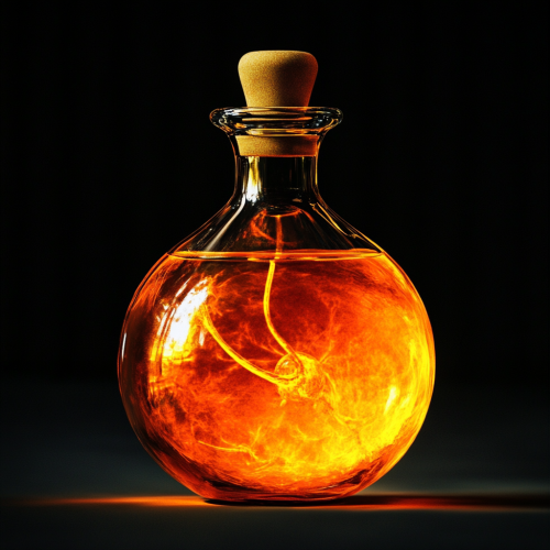 Magical orange glowing mercury in locked flask