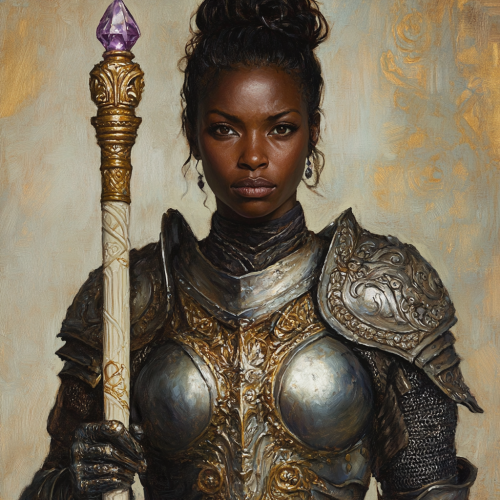 Magical warrior woman in shiny armor and staff.