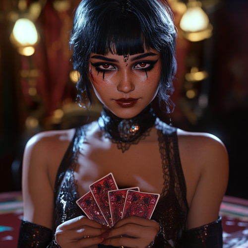 Magician girl in flapper dress plays cards magically.