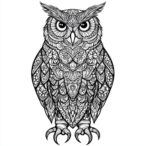 Majestic Owl with Detailed Feathers in Zentangle Style