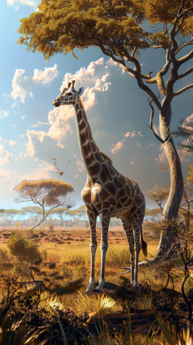 Majestic giraffe Zuma on African savannah with sunny sky.
