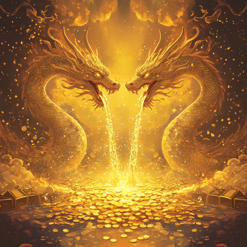 Majestic golden dragons hoarding gold treasures extravagantly