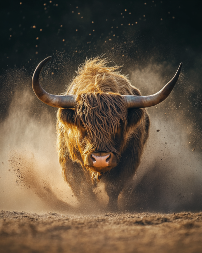 Majestic highland cattle bull portrait in nature