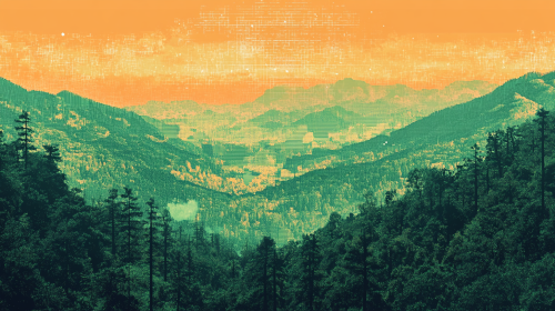 Majestic mountains blend into glitchy, pixelated horizon