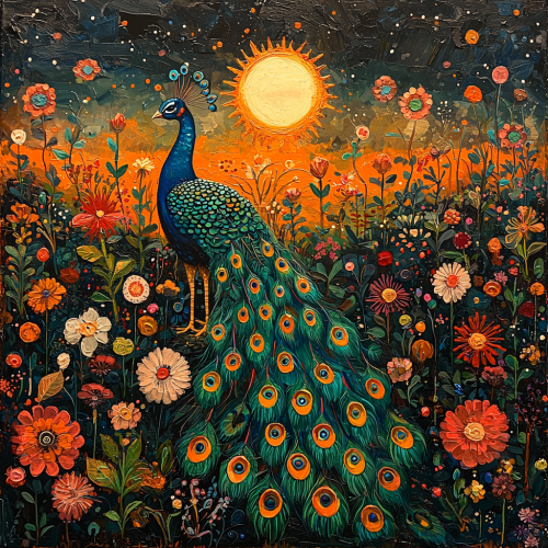 Majestic peacock with vibrant feathers in Frida Kahlo style.