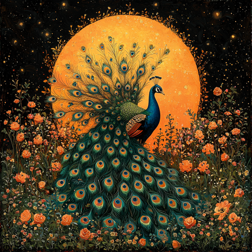 Majestic peacock with vibrant tail against glowing sun.