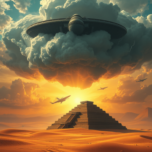 Majestic spaceship above ancient desert ziggurat at sunset. Majestic spaceship above ancient desert ziggurat at sunset.