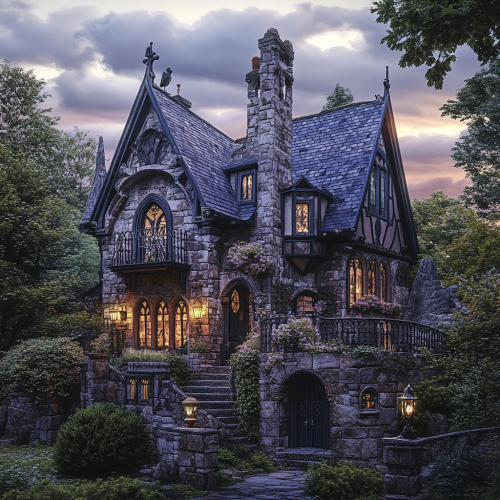 Majestic stone cottage with garden at dusk