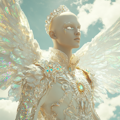 Male Angel with bald head, white eyes, Opal crown, pearlescent white clothes. Flying in cloudy sky.
