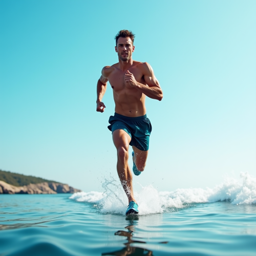 Male Athlete Running on Water Illusion