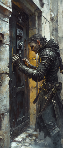 Male elf rogue picking a door lock in dark setting. Male elf rogue picking a door lock in dark setting.