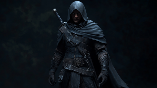 Male rogue thief in dark fantasy setting poses.