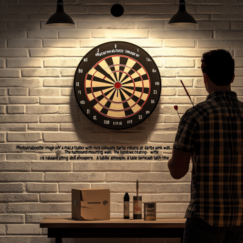 Male silhouette playing darts indoors aiming at board.