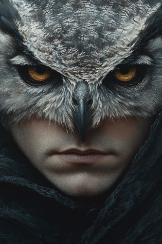 Male with owl head in vintage black attire art. Male with owl head in vintage black attire art.