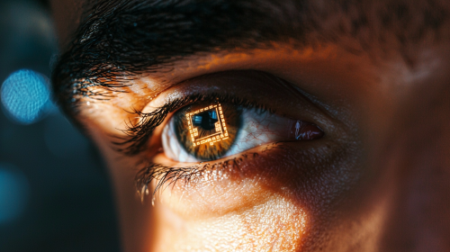 Man's eye with technology symbols showing AI advancements