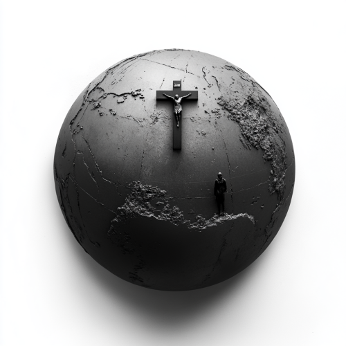 Man, cross shielded from falling wrath by force globe.