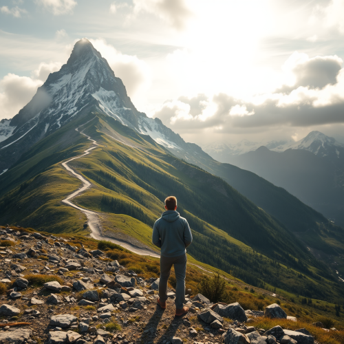 Man Contemplating Journey to Snow-Covered Mountain Summit