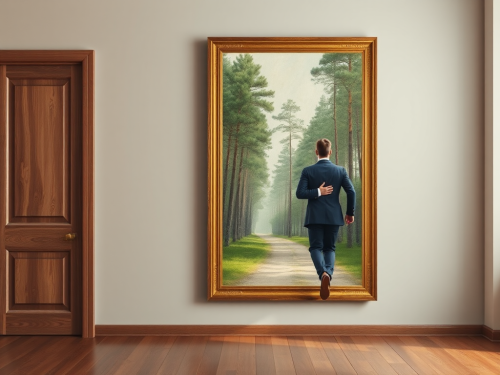 Man In Suit Walks Through Antique Forest Painting