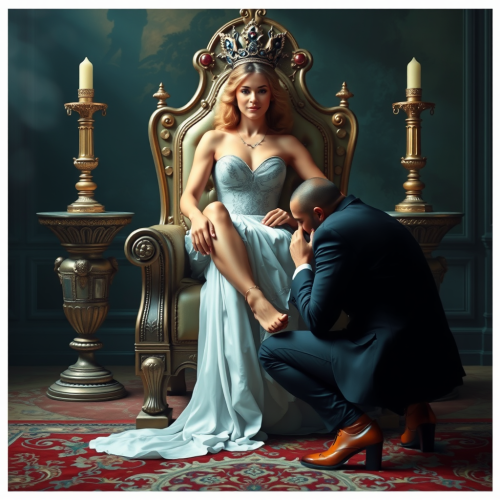 Man Kissing the Feet of Throne-Seated Woman