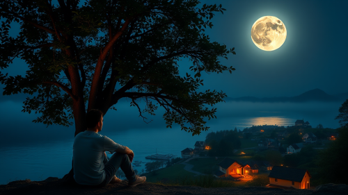 Man Under Tree Observing Illuminated Village by Lake