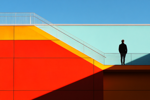 Man appears small in colorful Barhaus building photograph.