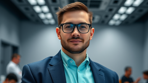 Man avatar for implantology congress host in blue clothes.