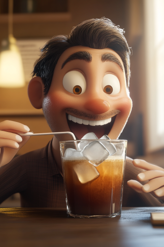 Man drinks iced coffee, eyebrows frost, beaming