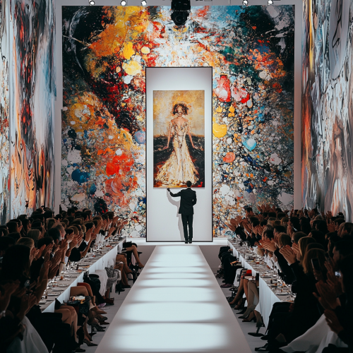 Man hangs large painting in fashionable runway show setting. Man hangs large painting in fashionable runway show setting.